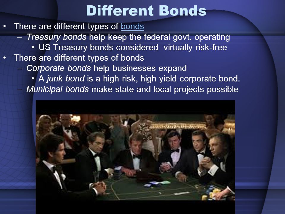 Different Bonds There are different types of bondsbonds –Treasury bonds help keep the federal govt.