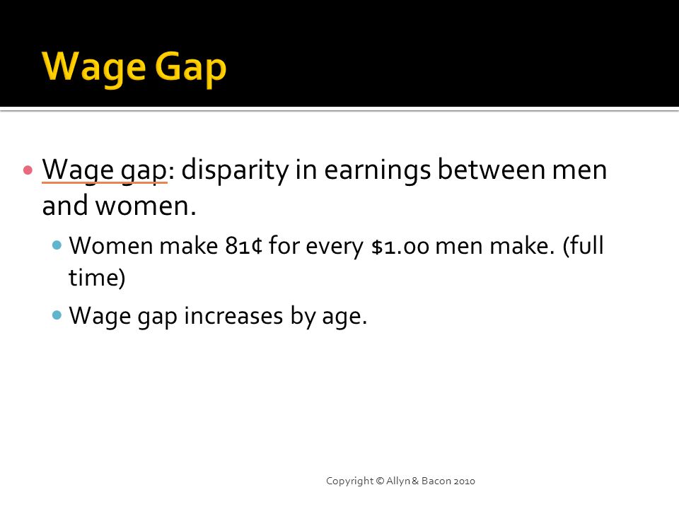 Wage gap: disparity in earnings between men and women.