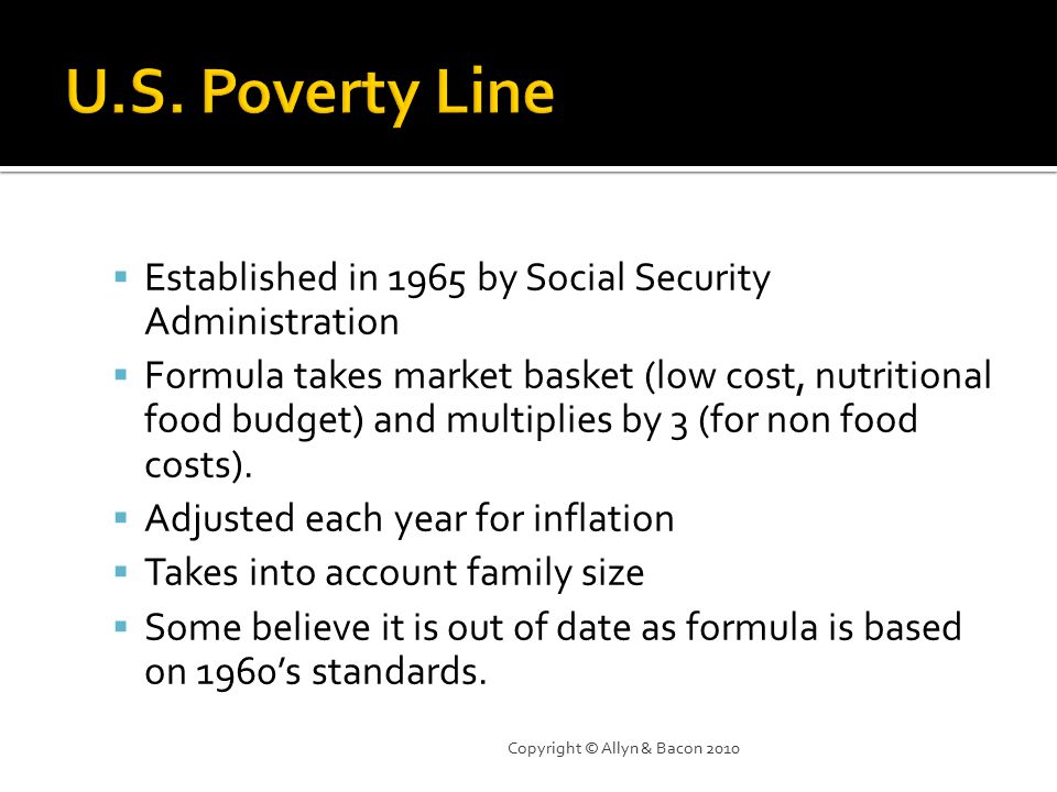  Established in 1965 by Social Security Administration  Formula takes market basket (low cost, nutritional food budget) and multiplies by 3 (for non food costs).