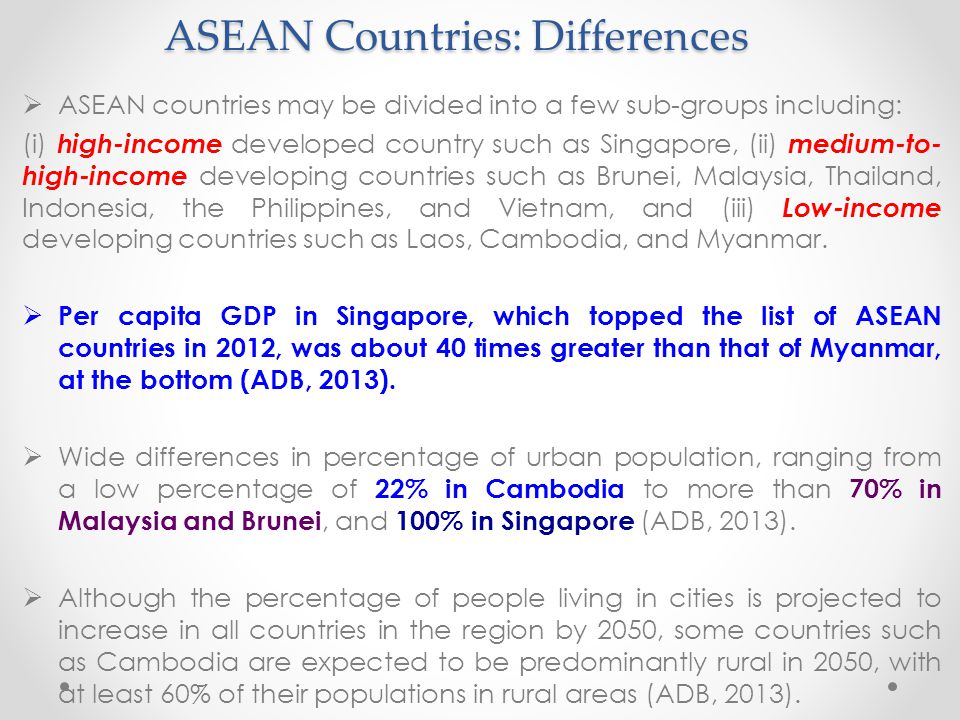 ASEAN Countries: Differences  ASEAN countries may be divided into a few sub-groups including: (i) high-income developed country such as Singapore, (ii) medium-to- high-income developing countries such as Brunei, Malaysia, Thailand, Indonesia, the Philippines, and Vietnam, and (iii) Low-income developing countries such as Laos, Cambodia, and Myanmar.