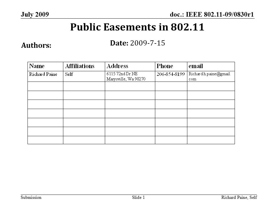 doc.: IEEE /0830r1 Submission July 2009 Richard Paine, SelfSlide 1 Public Easements in Date: Authors: