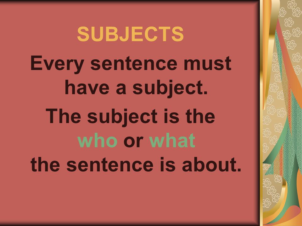 SUBJECTS Every sentence must have a subject. The subject is the who or what the sentence is about.
