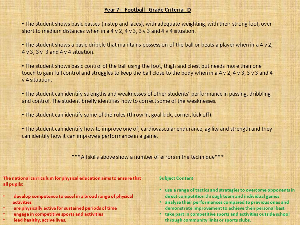 Year 7 – Football - Grade Criteria - D The student shows basic passes (instep and laces), with adequate weighting, with their strong foot, over short to medium distances when in a 4 v 2, 4 v 3, 3 v 3 and 4 v 4 situation.