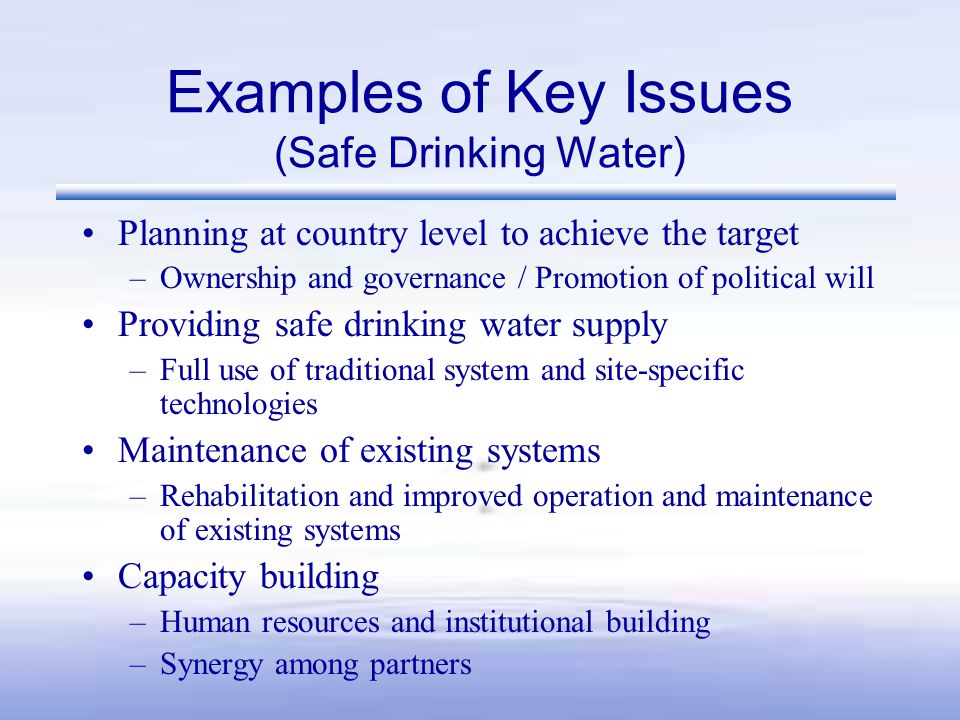 Examples of Key Issues (Safe Drinking Water) Planning at country level to achieve the target –Ownership and governance / Promotion of political will Providing safe drinking water supply –Full use of traditional system and site-specific technologies Maintenance of existing systems –Rehabilitation and improved operation and maintenance of existing systems Capacity building –Human resources and institutional building –Synergy among partners