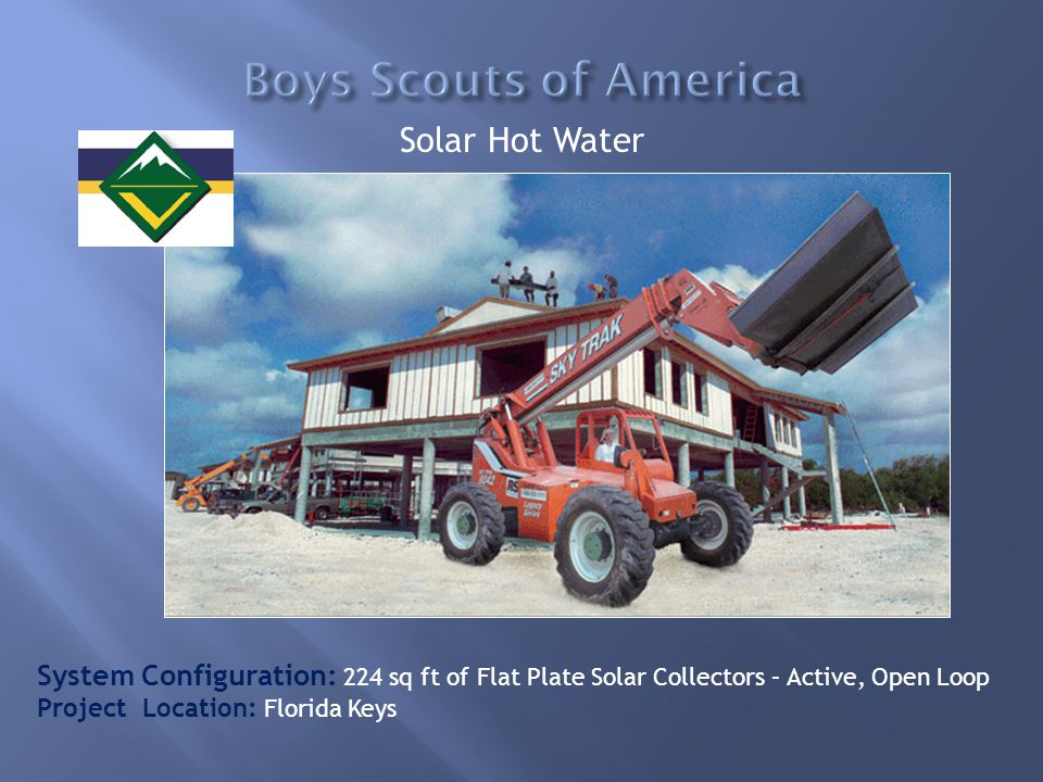 System Configuration: 224 sq ft of Flat Plate Solar Collectors – Active, Open Loop Project Location: Florida Keys Solar Hot Water