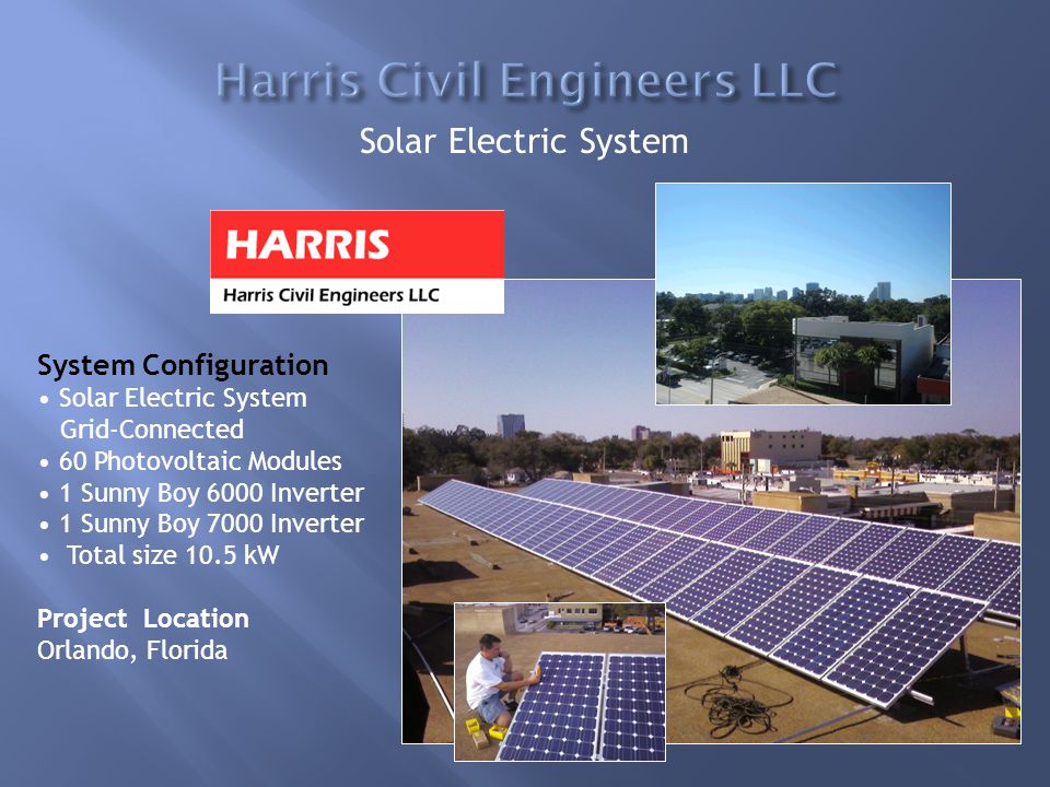 System Configuration Solar Electric System Grid-Connected 60 Photovoltaic Modules 1 Sunny Boy 6000 Inverter 1 Sunny Boy 7000 Inverter Total size 10.5 kW Project Location Orlando, Florida Solar Electric System