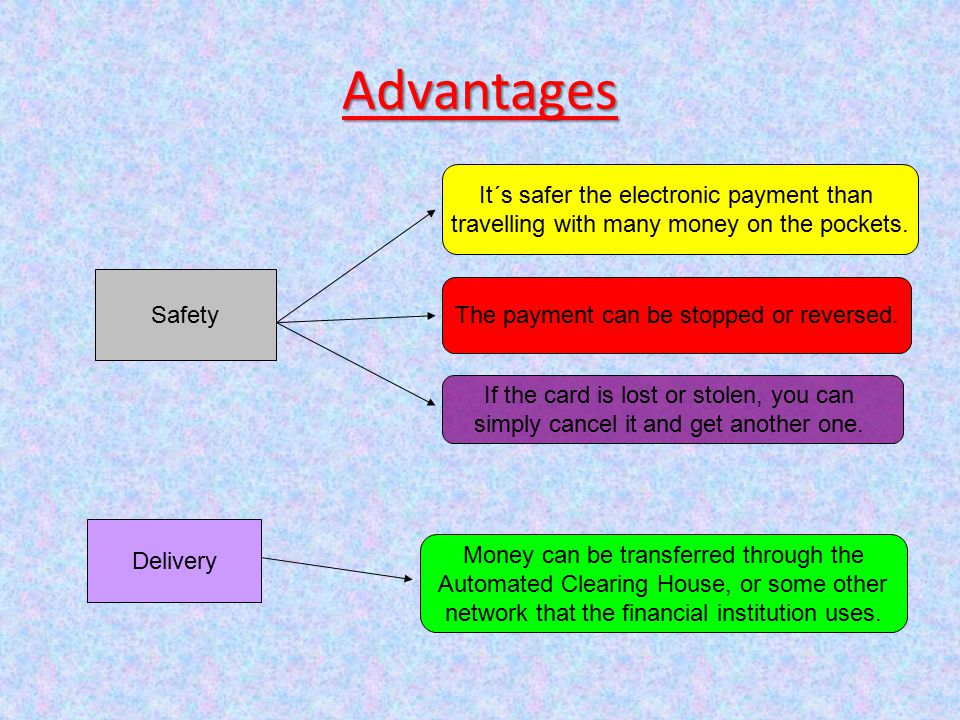 Advantages Safety Delivery It´s safer the electronic payment than travelling with many money on the pockets.