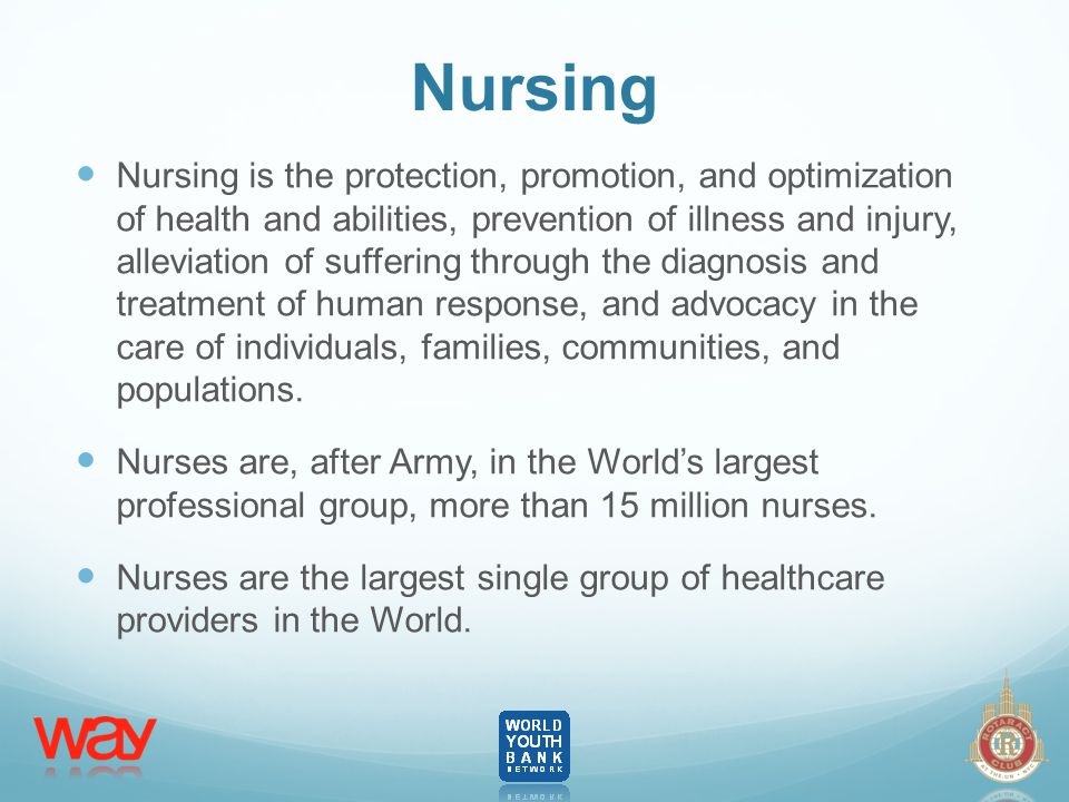 Nursing Nursing is the protection, promotion, and optimization of health and abilities, prevention of illness and injury, alleviation of suffering through the diagnosis and treatment of human response, and advocacy in the care of individuals, families, communities, and populations.