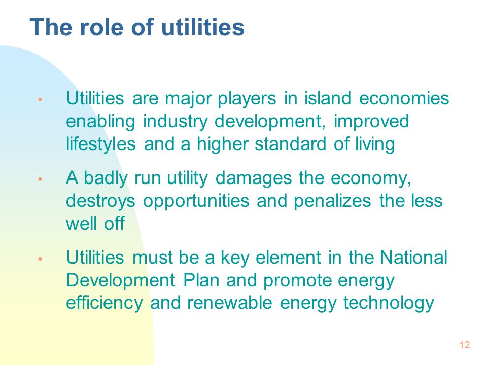 12 The role of utilities Utilities are major players in island economies enabling industry development, improved lifestyles and a higher standard of living A badly run utility damages the economy, destroys opportunities and penalizes the less well off Utilities must be a key element in the National Development Plan and promote energy efficiency and renewable energy technology