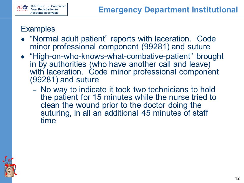 2007 UBO/UBU Conference From Registration to Accounts Receivable 12 Emergency Department Institutional Examples Normal adult patient reports with laceration.