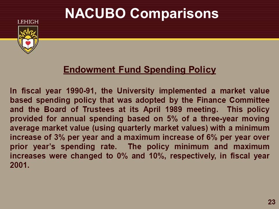 NACUBO Comparisons Endowment Fund Spending Policy In fiscal year , the University implemented a market value based spending policy that was adopted by the Finance Committee and the Board of Trustees at its April 1989 meeting.