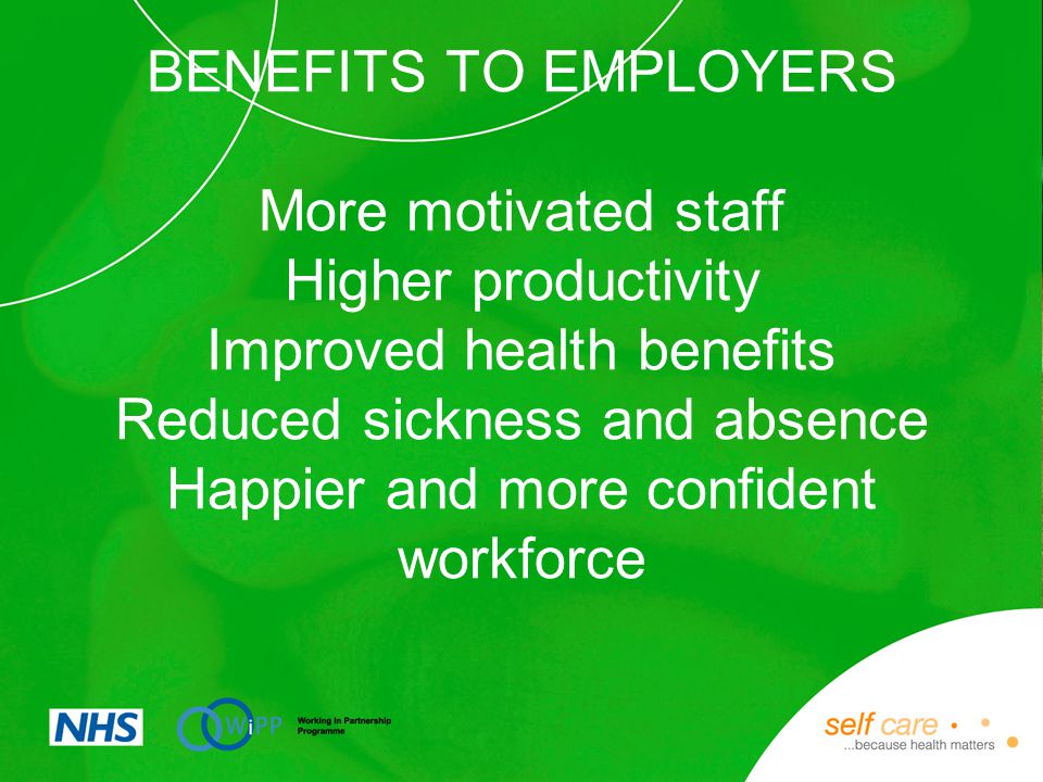 BENEFITS TO EMPLOYERS More motivated staff Higher productivity Improved health benefits Reduced sickness and absence Happier and more confident workforce