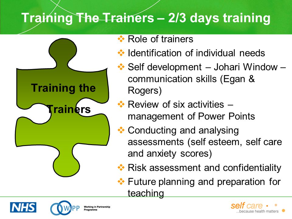 Training The Trainers – 2/3 days training  Role of trainers  Identification of individual needs  Self development – Johari Window – communication skills (Egan & Rogers)  Review of six activities – management of Power Points  Conducting and analysing assessments (self esteem, self care and anxiety scores)  Risk assessment and confidentiality  Future planning and preparation for teaching Training the Trainers