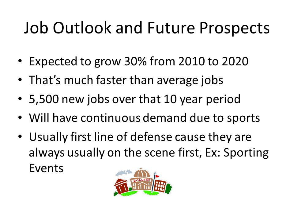 Job Outlook and Future Prospects Expected to grow 30% from 2010 to 2020 That’s much faster than average jobs 5,500 new jobs over that 10 year period Will have continuous demand due to sports Usually first line of defense cause they are always usually on the scene first, Ex: Sporting Events