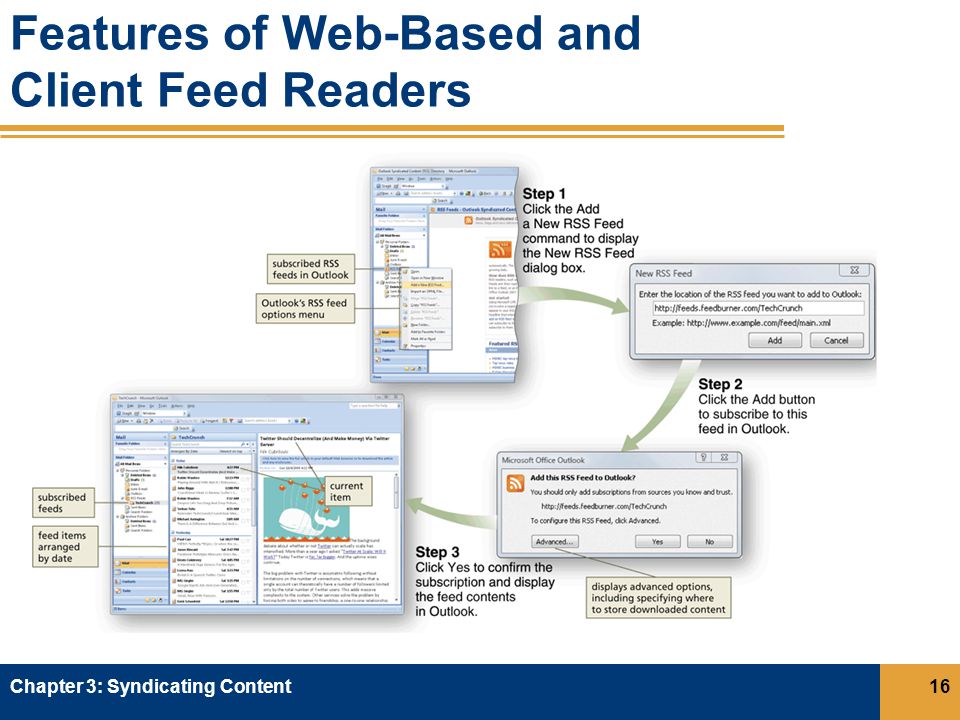 Features of Web-Based and Client Feed Readers Chapter 3: Syndicating Content16