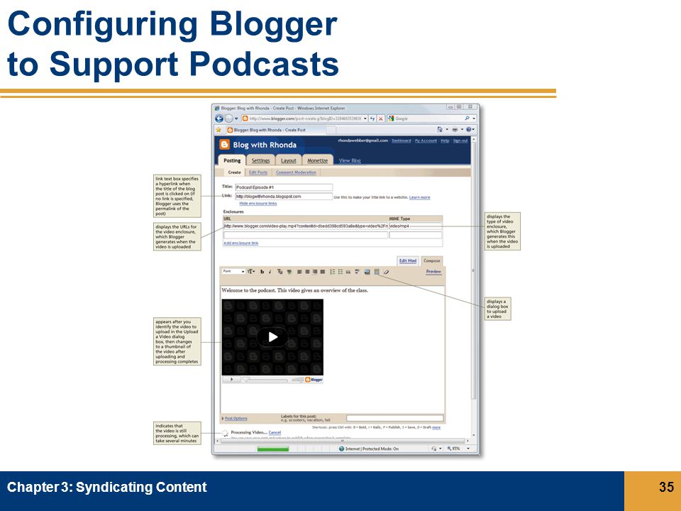 Configuring Blogger to Support Podcasts Chapter 3: Syndicating Content35