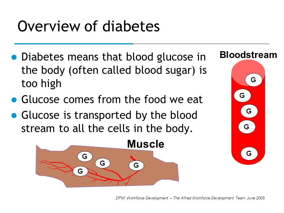 DPMI Workforce Development – The Alfred Workforce Development Team June 2005 Overview of diabetes Diabetes means that blood glucose in the body (often called blood sugar) is too high Glucose comes from the food we eat Glucose is transported by the blood stream to all the cells in the body.