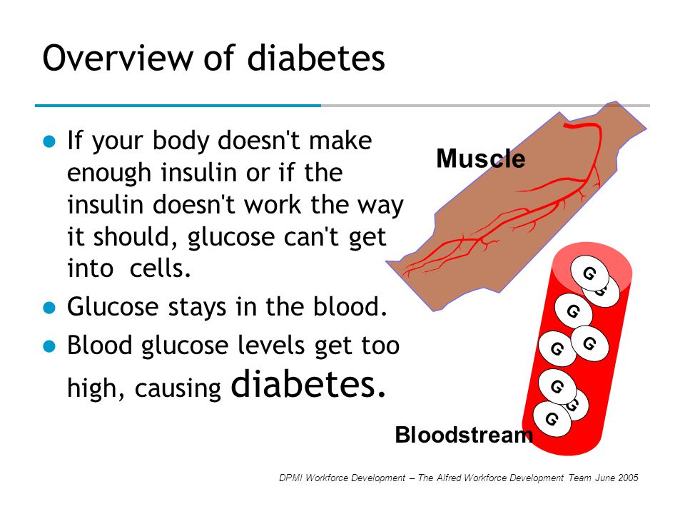 DPMI Workforce Development – The Alfred Workforce Development Team June 2005 Overview of diabetes If your body doesn t make enough insulin or if the insulin doesn t work the way it should, glucose can t get into cells.
