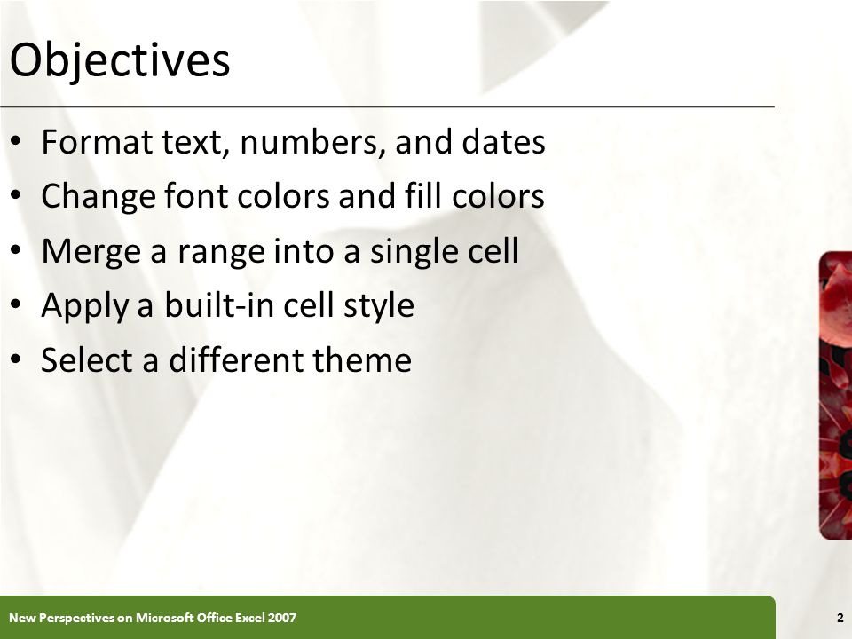 XP Objectives Format text, numbers, and dates Change font colors and fill colors Merge a range into a single cell Apply a built-in cell style Select a different theme New Perspectives on Microsoft Office Excel 20072