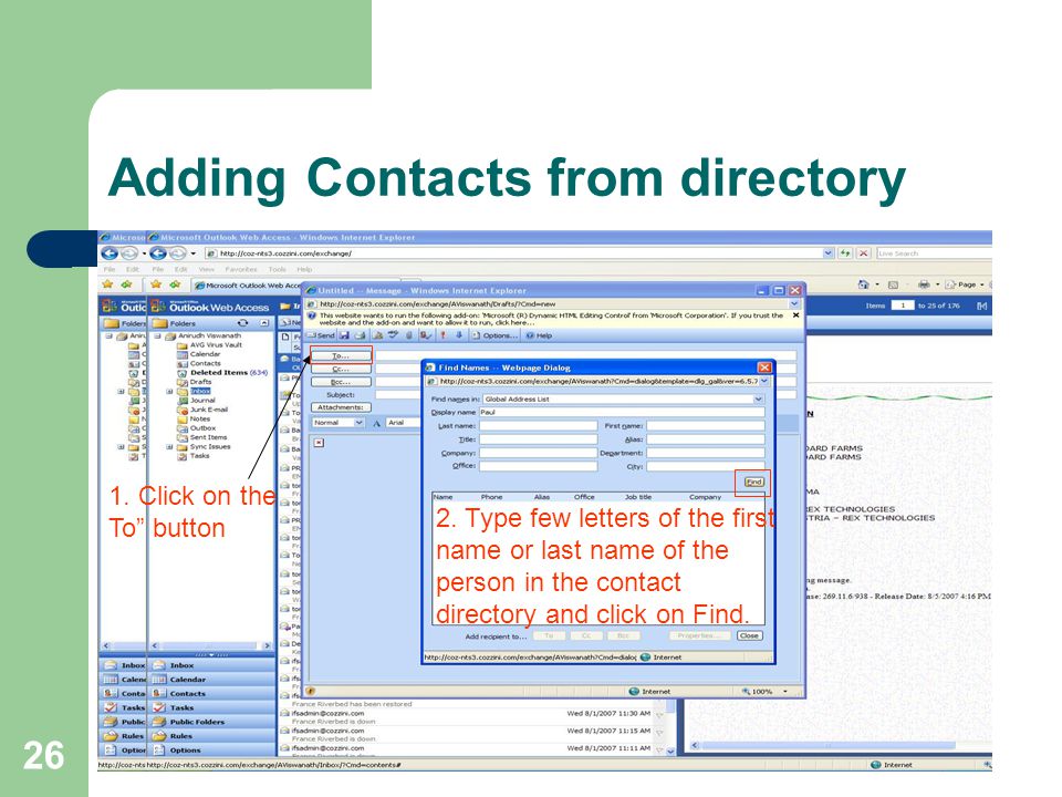 26 Adding Contacts from directory 1. Click on the To button 2.