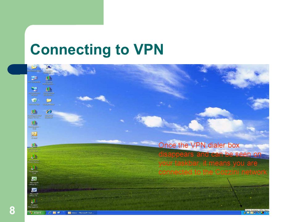 8 Connecting to VPN Once the VPN dialer box disappears and can be seen on your taskbar, it means you are connected to the Cozzini network