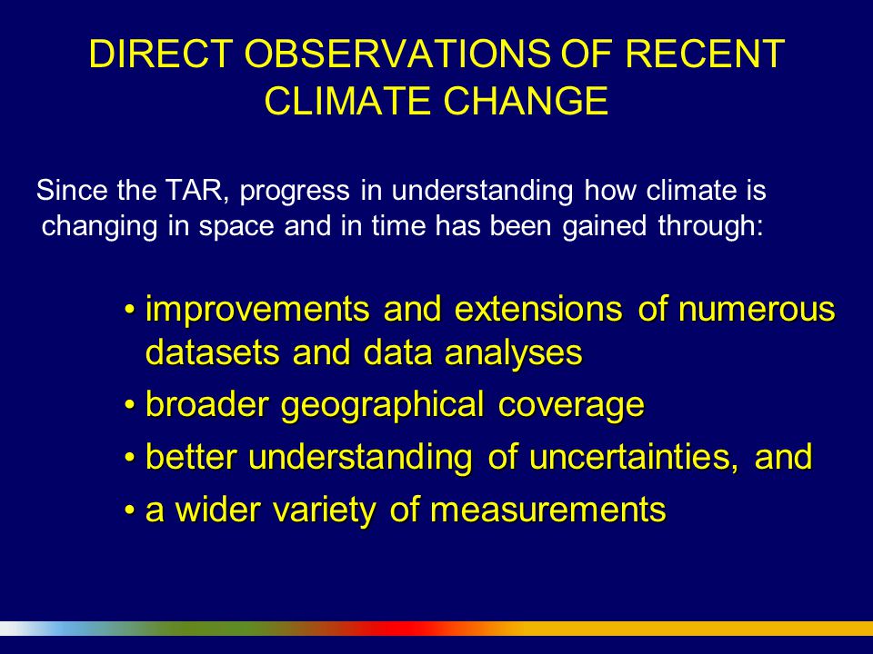DIRECT OBSERVATIONS OF RECENT CLIMATE CHANGE Since the TAR, progress in understanding how climate is changing in space and in time has been gained through: improvements and extensions of numerous datasets and data analyses improvements and extensions of numerous datasets and data analyses broader geographical coverage broader geographical coverage better understanding of uncertainties, and better understanding of uncertainties, and a wider variety of measurements a wider variety of measurements