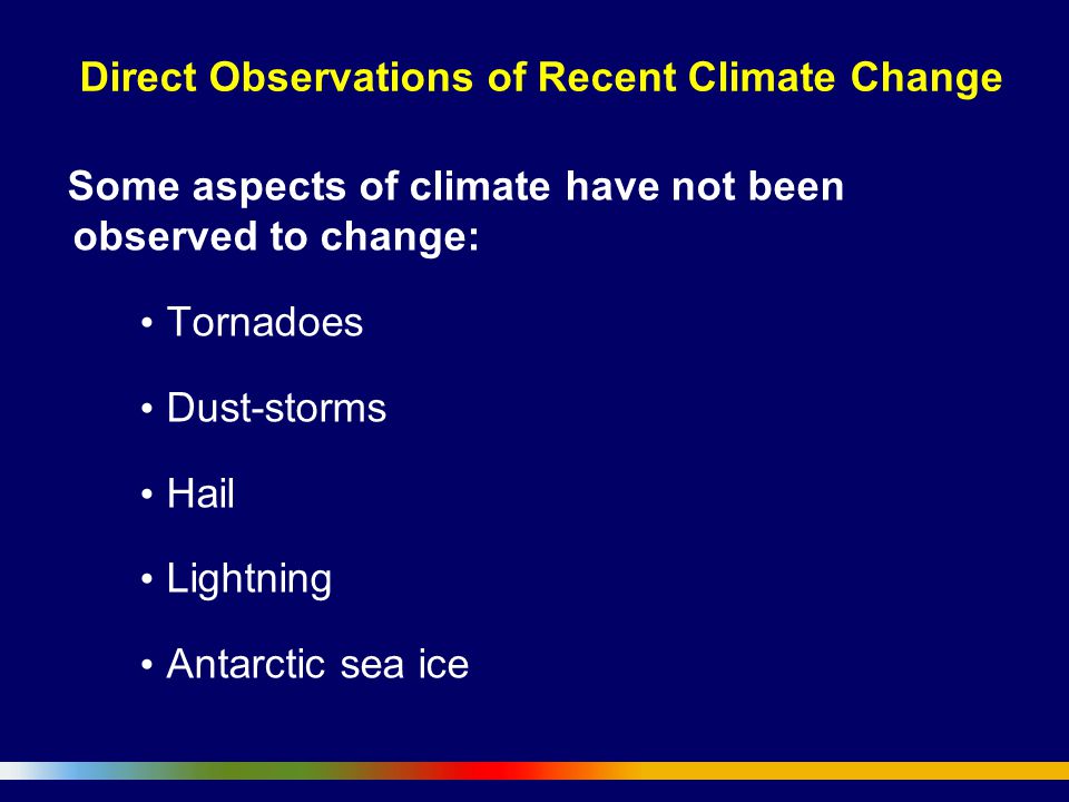 Some aspects of climate have not been observed to change: Tornadoes Dust-storms Hail Lightning Antarctic sea ice Direct Observations of Recent Climate Change