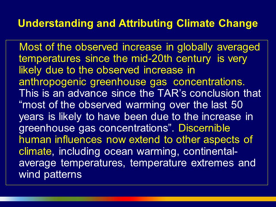 Understanding and Attributing Climate Change Most of the observed increase in globally averaged temperatures since the mid-20th century is very likely due to the observed increase in anthropogenic greenhouse gas concentrations.