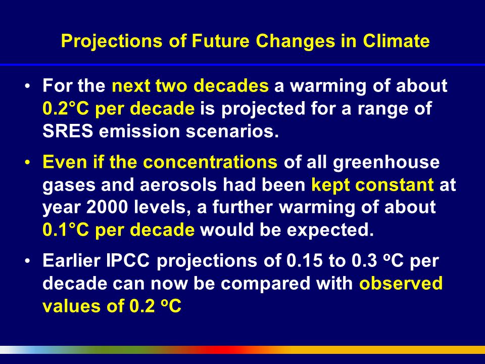 Projections of Future Changes in Climate For the next two decades a warming of about 0.2°C per decade is projected for a range of SRES emission scenarios.