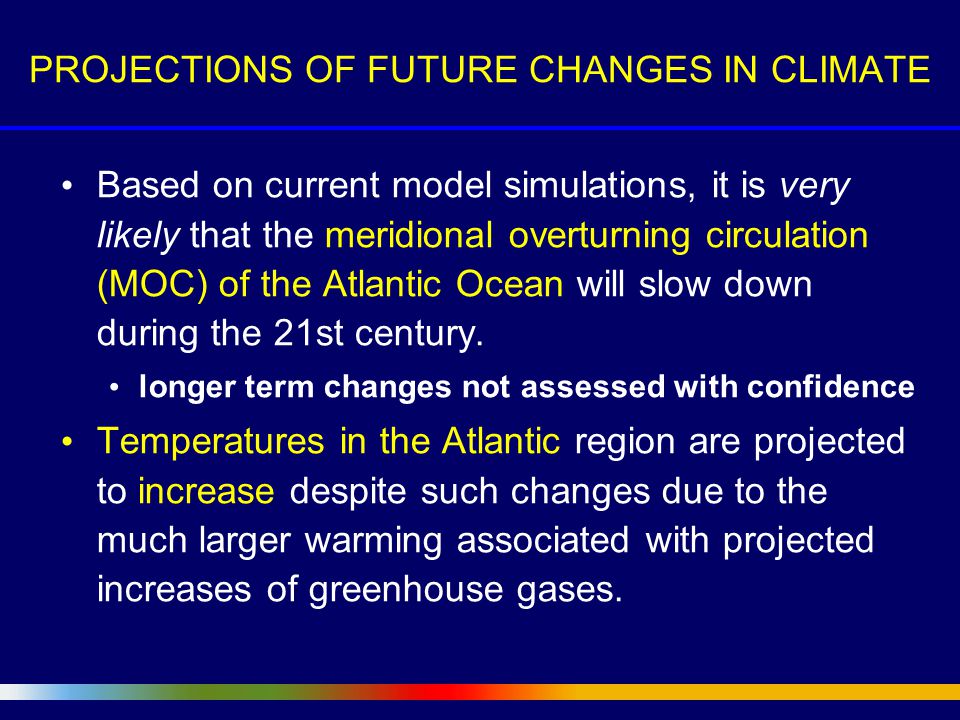 Based on current model simulations, it is very likely that the meridional overturning circulation (MOC) of the Atlantic Ocean will slow down during the 21st century.