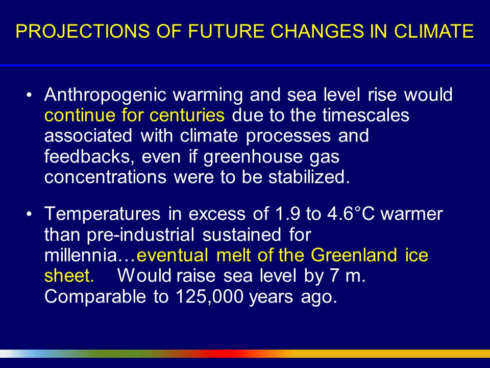 Anthropogenic warming and sea level rise would continue for centuries due to the timescales associated with climate processes and feedbacks, even if greenhouse gas concentrations were to be stabilized.