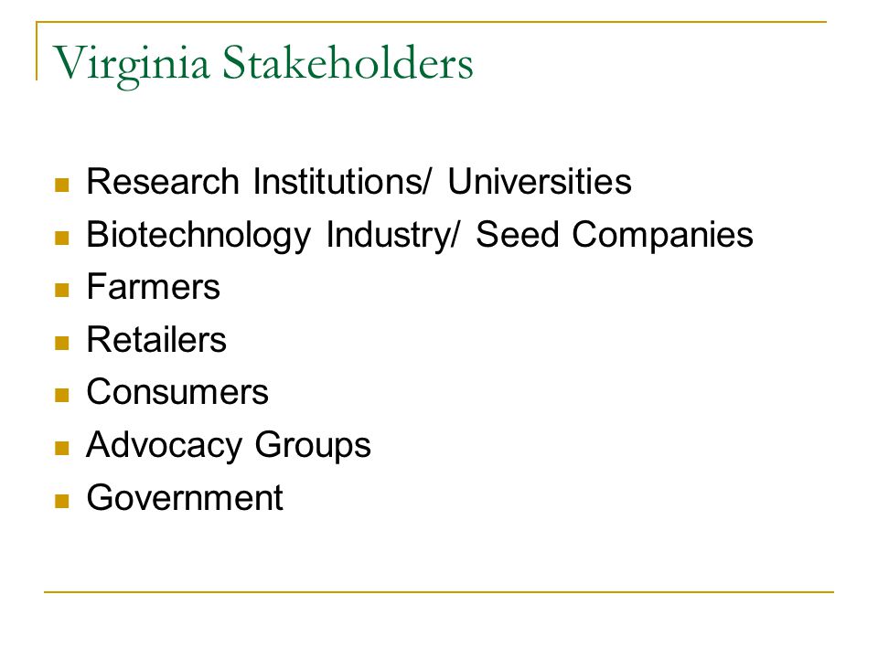 Virginia Stakeholders Research Institutions/ Universities Biotechnology Industry/ Seed Companies Farmers Retailers Consumers Advocacy Groups Government