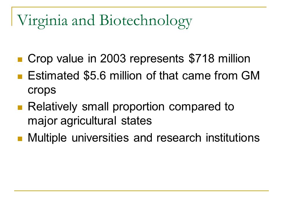 Virginia and Biotechnology Crop value in 2003 represents $718 million Estimated $5.6 million of that came from GM crops Relatively small proportion compared to major agricultural states Multiple universities and research institutions