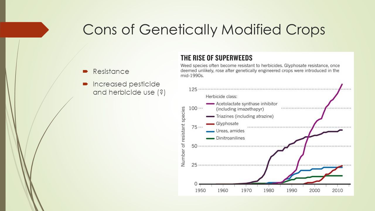 Cons of Genetically Modified Crops  Resistance  Increased pesticide and herbicide use ( )