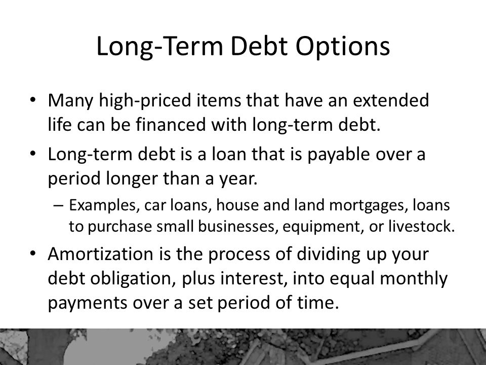 Long-Term Debt Options Many high-priced items that have an extended life can be financed with long-term debt.