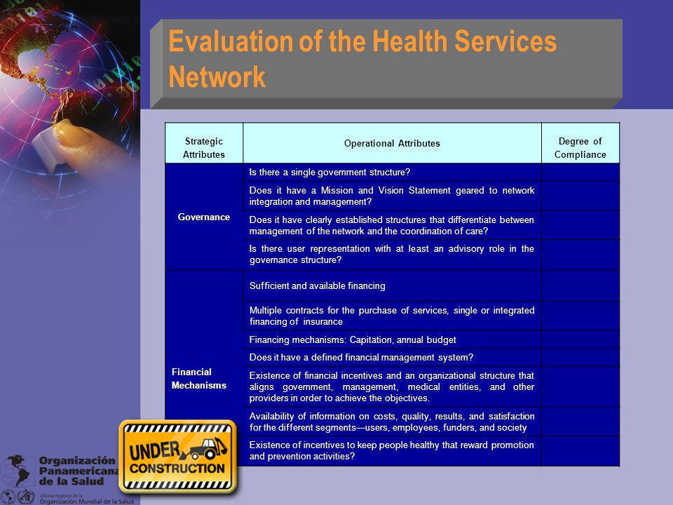 Evaluation of the Health Services Network Strategic Attributes Operational Attributes Degree of Compliance Governance Is there a single government structure.
