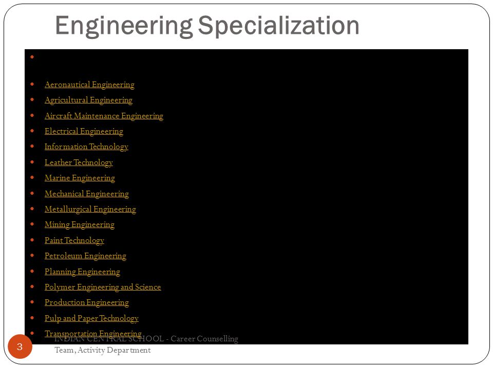 Engineering Specialization : This list serves as a guideline for areas for specialization so that students can further pursue their specific interests within the broad discipline of Engineering as per their area of interest.