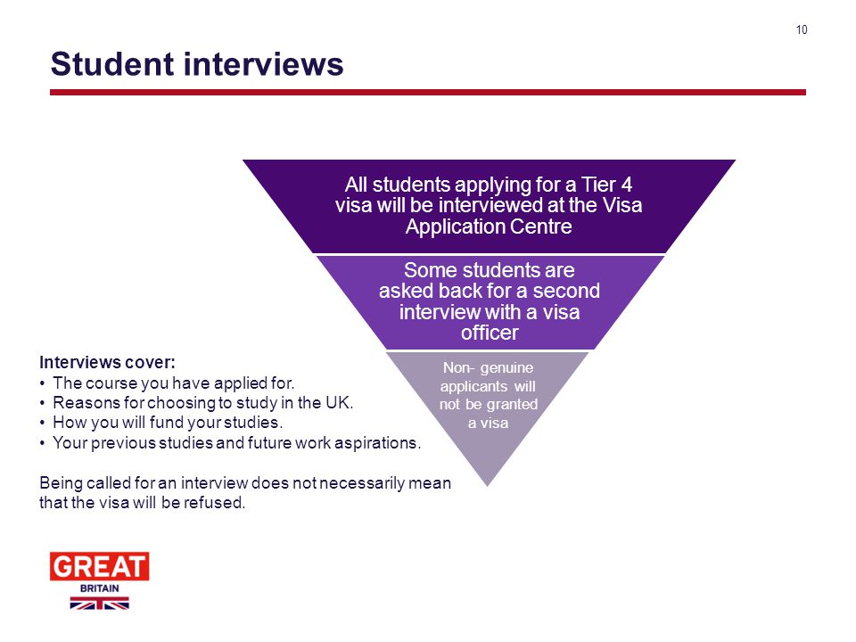 Student interviews 10 All students applying for a Tier 4 visa will be interviewed at the Visa Application Centre Some students are asked back for a second interview with a visa officer Interviews cover: The course you have applied for.