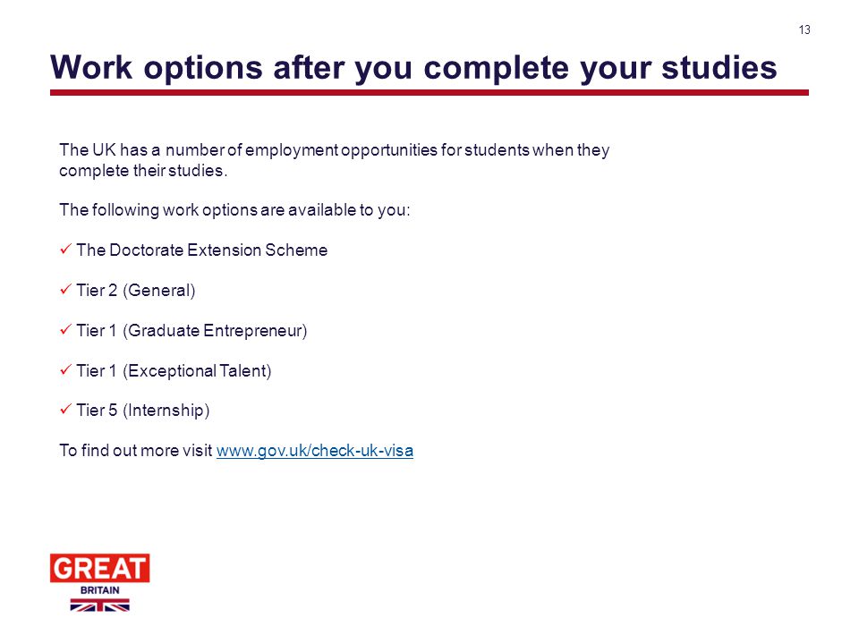 Work options after you complete your studies 13 The UK has a number of employment opportunities for students when they complete their studies.