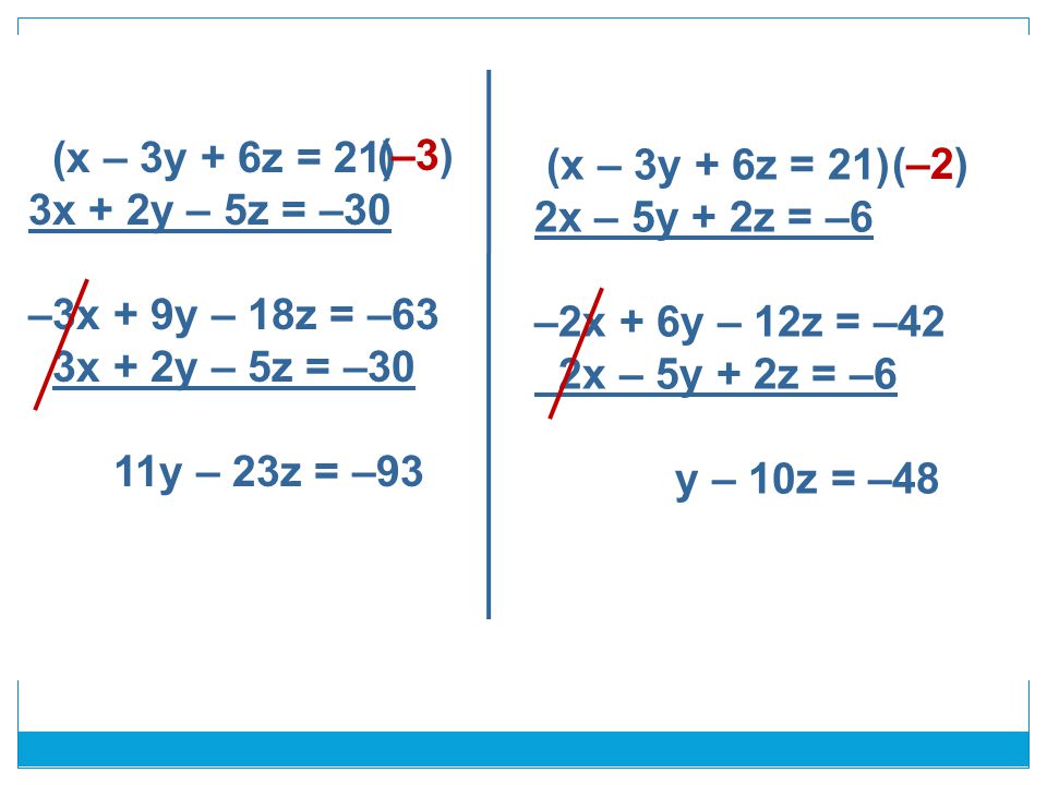 (x – 3y + 6z = 21) 3x + 2y – 5z = –30 –3x + 9y – 18z = –63 3x + 2y – 5z = –30 11y – 23z = –93 (x – 3y + 6z = 21) 2x – 5y + 2z = –6 –2x + 6y – 12z = –42 2x – 5y + 2z = –6 y – 10z = –48 (–3) (–2)