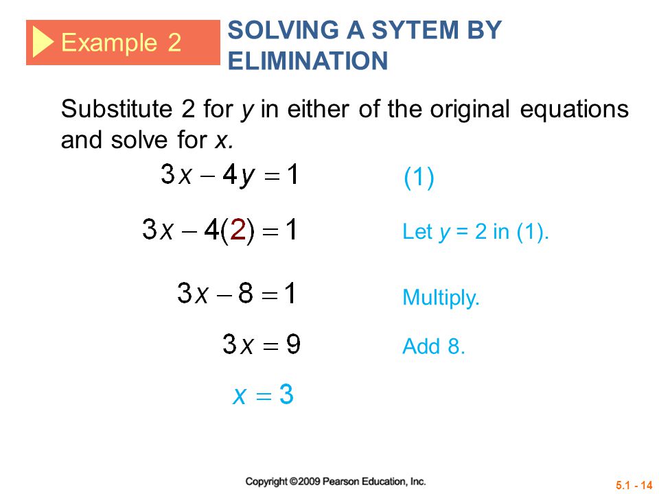 Example 2 SOLVING A SYTEM BY ELIMINATION (1) Let y = 2 in (1).