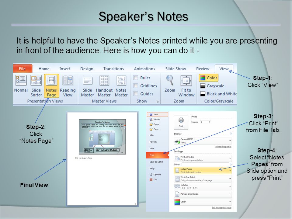 Speaker’s Notes It is helpful to have the Speaker’s Notes printed while you are presenting in front of the audience.