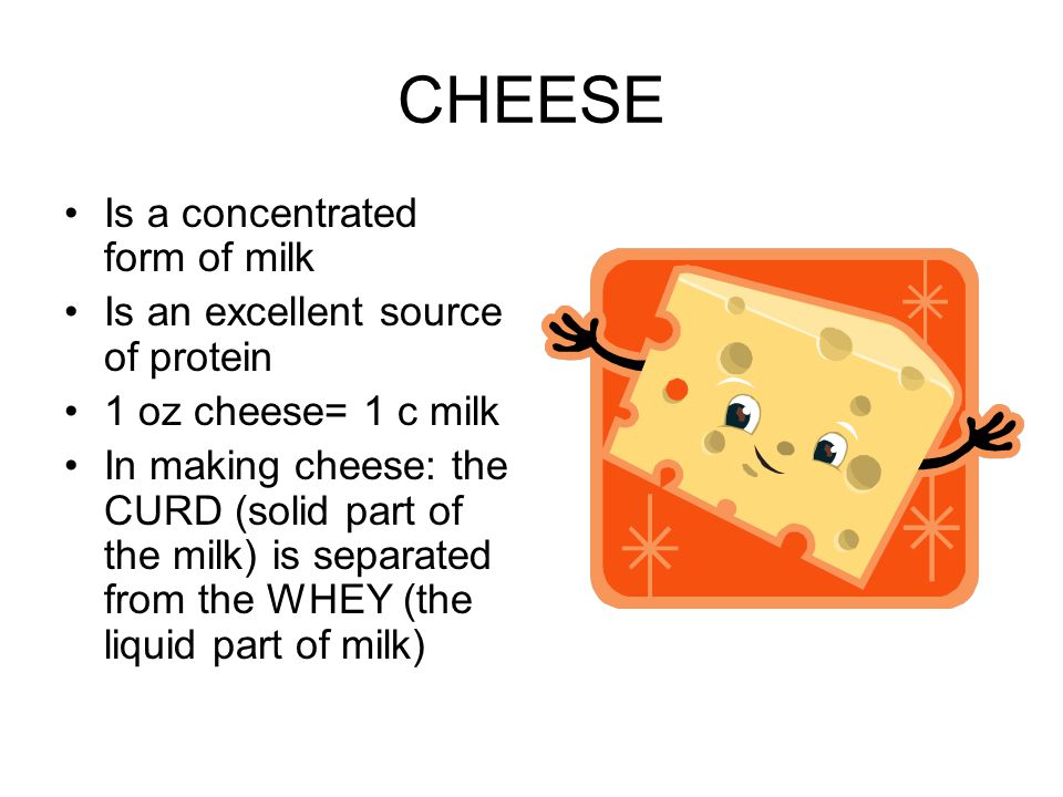 CHEESE Is a concentrated form of milk Is an excellent source of protein 1 oz cheese= 1 c milk In making cheese: the CURD (solid part of the milk) is separated from the WHEY (the liquid part of milk)