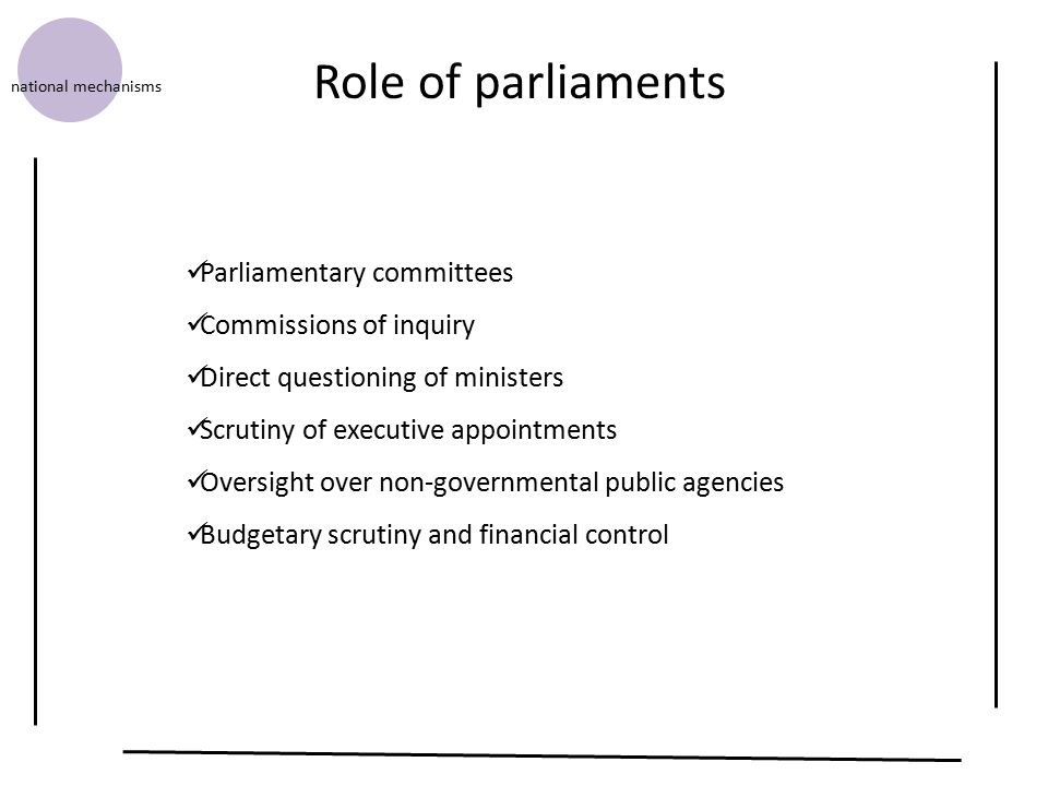 Role of parliaments national mechanisms Parliamentary committees Commissions of inquiry Direct questioning of ministers Scrutiny of executive appointments Oversight over non-governmental public agencies Budgetary scrutiny and financial control