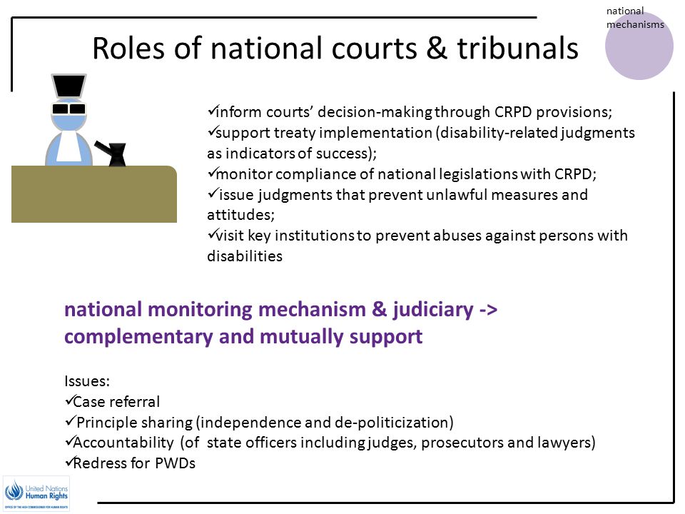 Roles of national courts & tribunals national mechanisms inform courts’ decision-making through CRPD provisions; support treaty implementation (disability-related judgments as indicators of success); monitor compliance of national legislations with CRPD; issue judgments that prevent unlawful measures and attitudes; visit key institutions to prevent abuses against persons with disabilities national monitoring mechanism & judiciary -> complementary and mutually support Issues: Case referral Principle sharing (independence and de-politicization) Accountability (of state officers including judges, prosecutors and lawyers) Redress for PWDs
