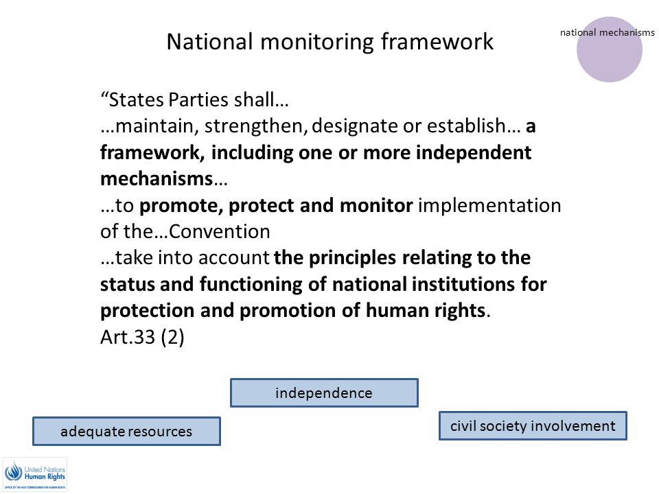 national mechanisms National monitoring framework States Parties shall… …maintain, strengthen, designate or establish… a framework, including one or more independent mechanisms… …to promote, protect and monitor implementation of the…Convention …take into account the principles relating to the status and functioning of national institutions for protection and promotion of human rights.