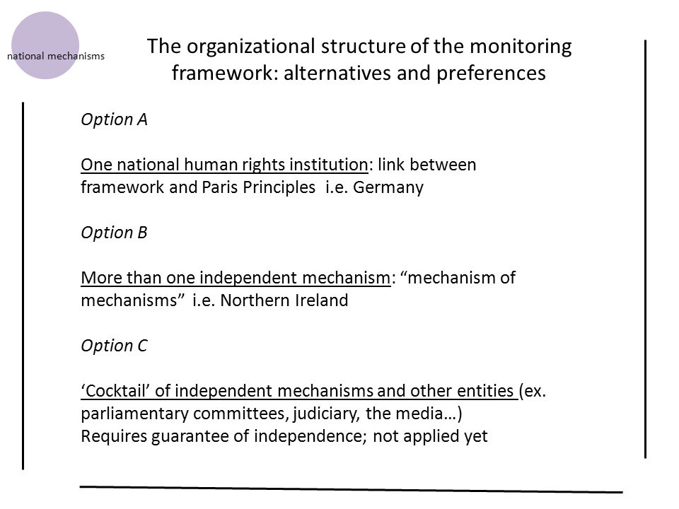 The organizational structure of the monitoring framework: alternatives and preferences national mechanisms Option A One national human rights institution: link between framework and Paris Principles i.e.