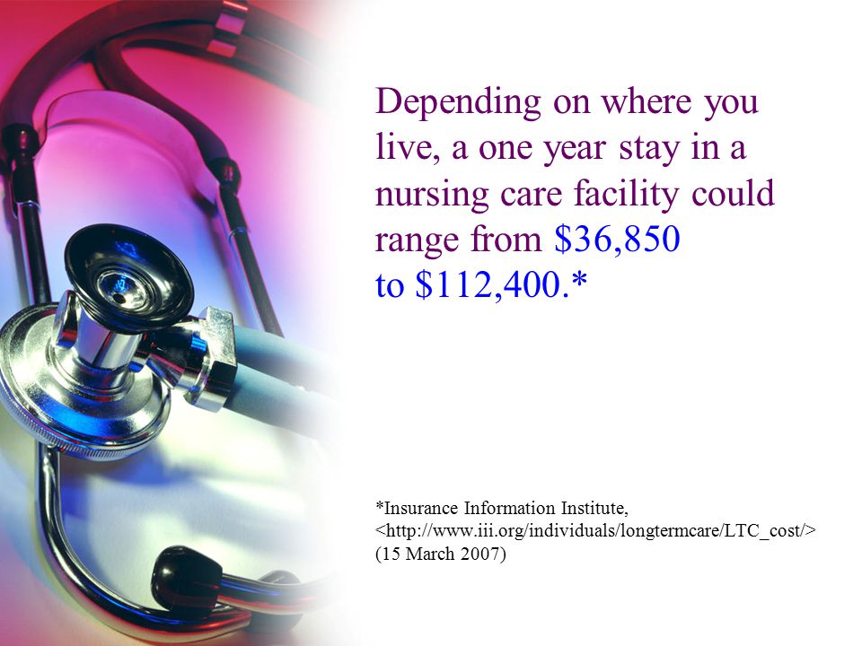 Depending on where you live, a one year stay in a nursing care facility could range from $36,850 to $112,400.* *Insurance Information Institute, (15 March 2007)