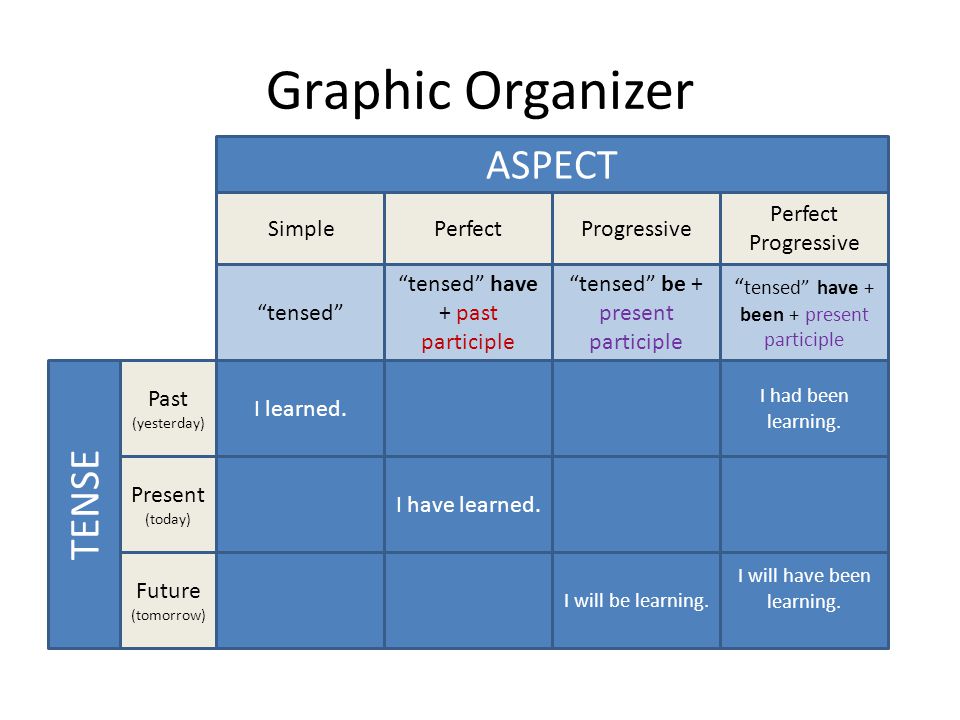 Graphic Organizer ASPECT TENSE Future (tomorrow) Present (today) Past (yesterday) I learned.