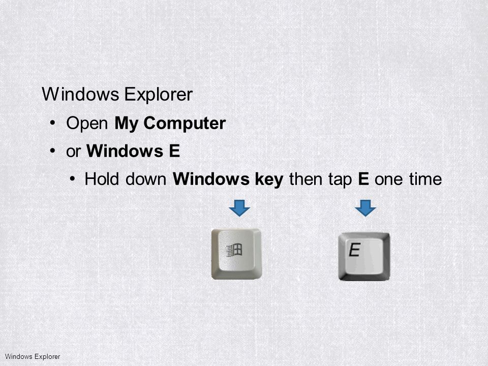 Open My Computer or Windows E Hold down Windows key then tap E one time Windows Explorer